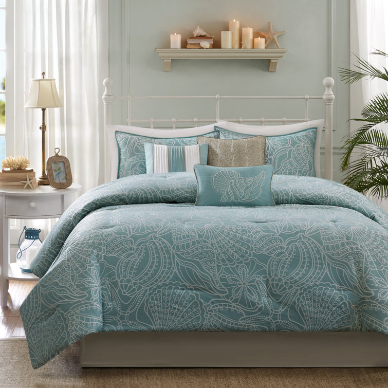 Rosecliff Heights Latrobe Seafoam Blue Microfiber Reversible Coastal 7 Piece Comforter Set